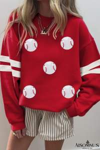 Fiery Red Glitter Baseball Patched Drop Shoulder Varsity Sweatshirt
