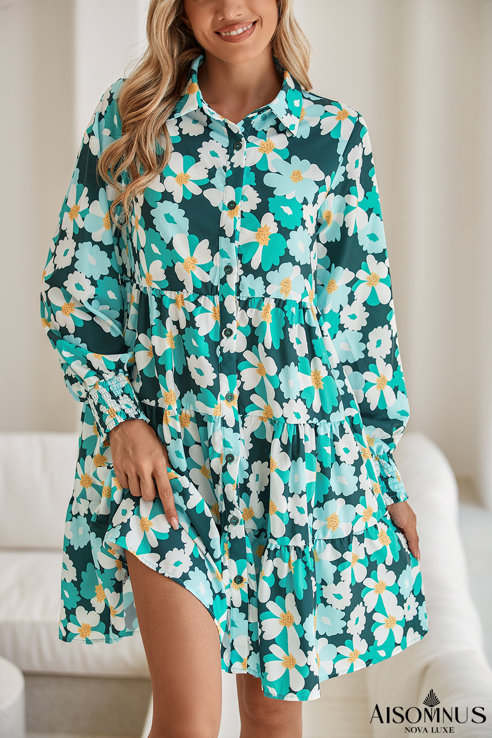 Blackish Green Flower Print Smocked Cuffs Tiered Mini Dress