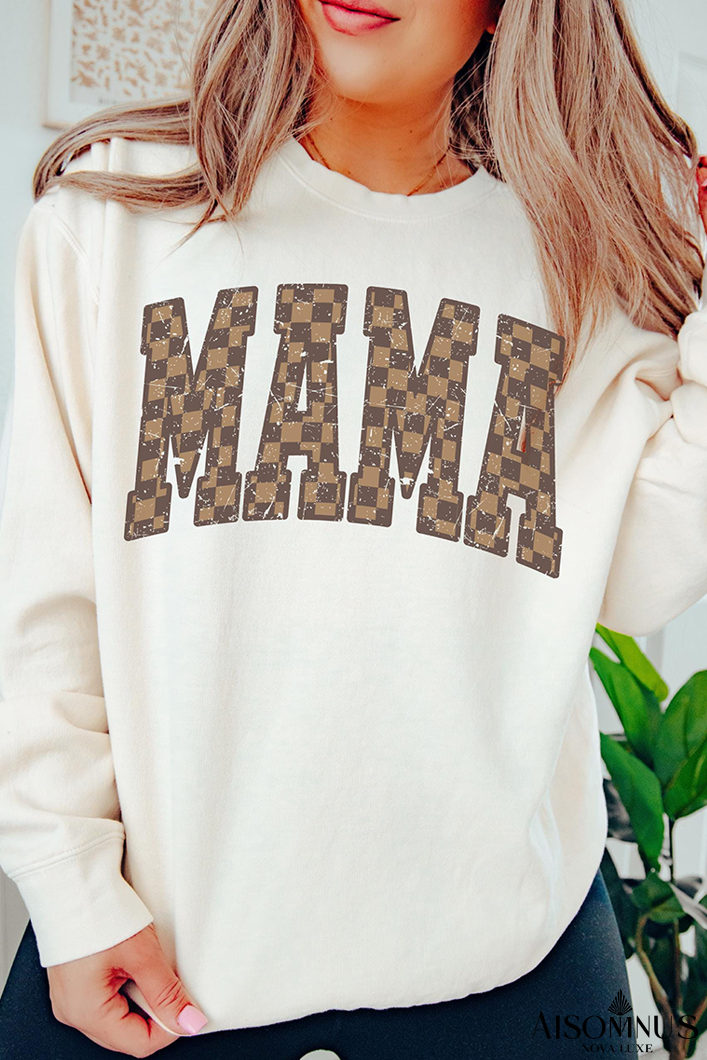 White Checkerboard MAMA Graphic Drop Shoulder Sweatshirt