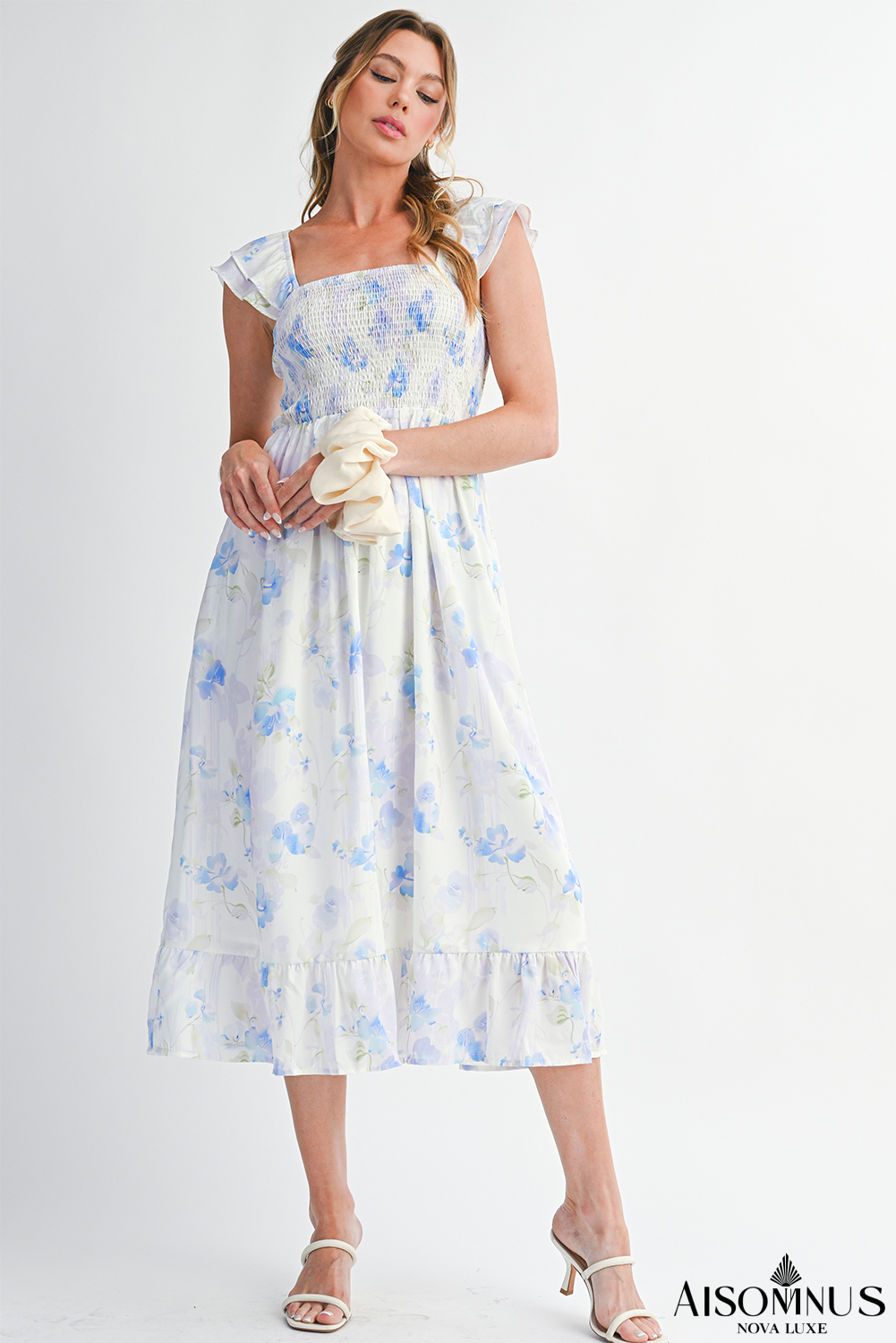 Sky Blue Floral Smocked High Waist Ruffle Sleeveless Long Dress
