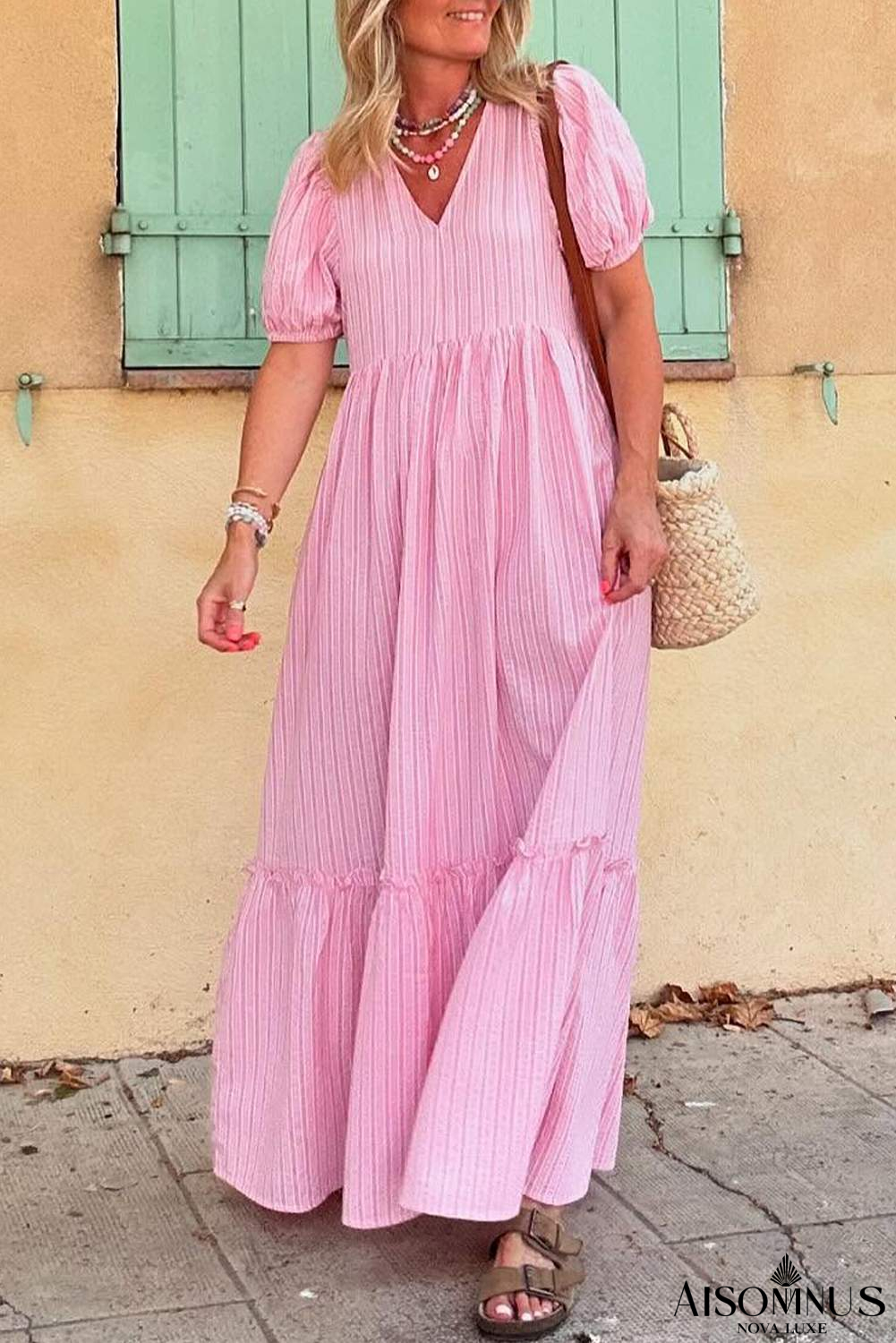 Pink Striped V Neck Puff Sleeve Frill Tiered Maxi Dress