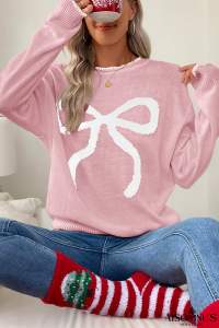Pink Sweet Bow Drop Sleeve Round Neck Sweater