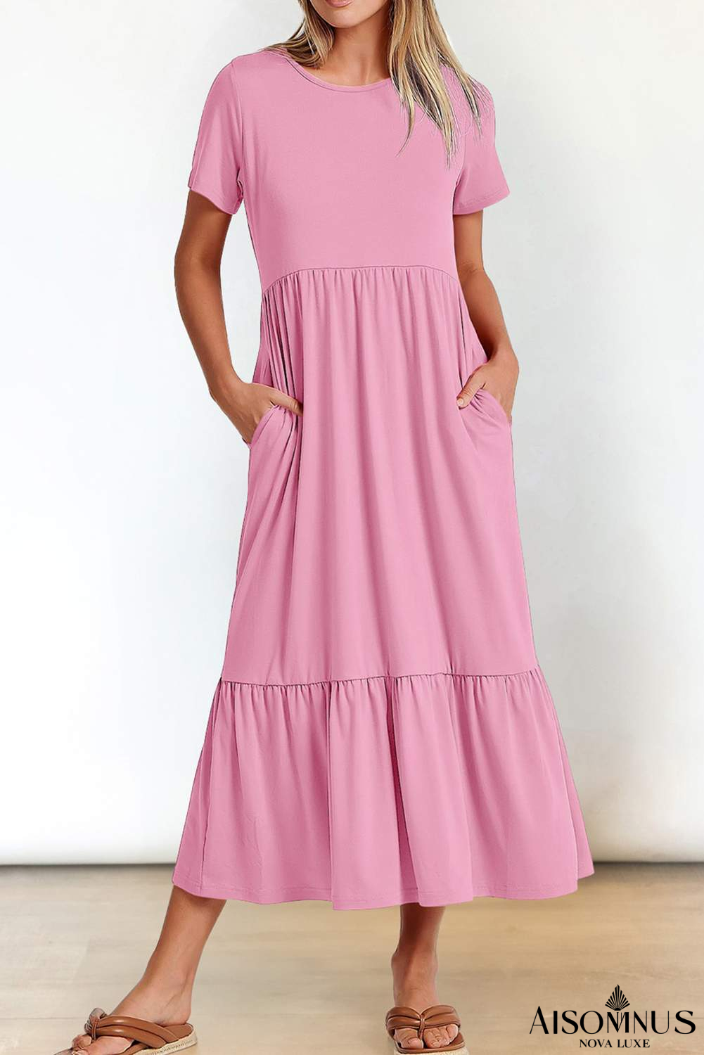 Pink Solid Color Short Sleeve High Waist Pocketed Midi Dress