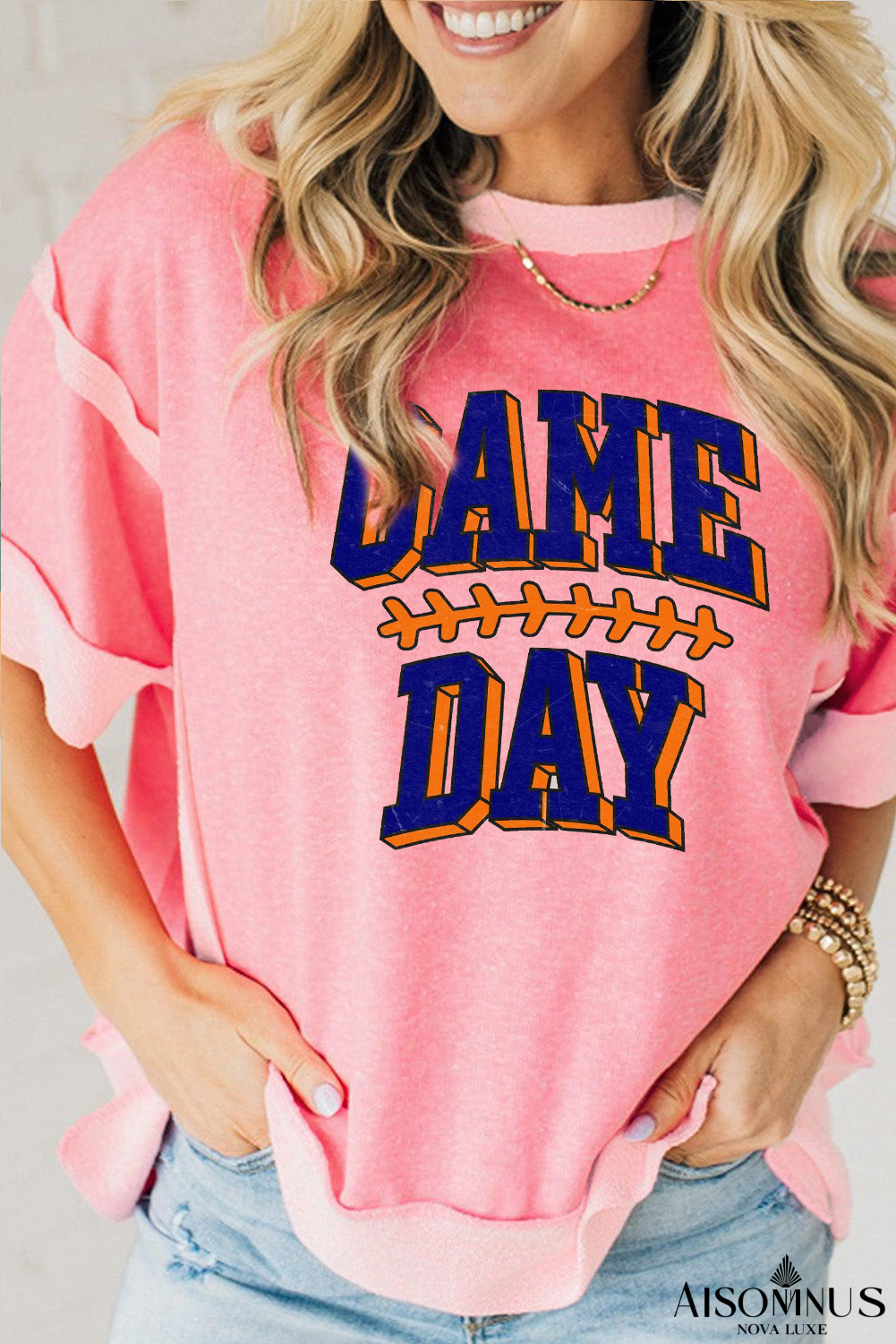 Peach Blossom GAME DAY Printed Raw Hem T Shirt