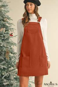Cinnamon Corduroy Front Pockets Overall Dress
