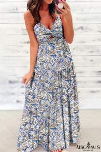 Blue Paisley Print Twist Boho Maxi Dress
