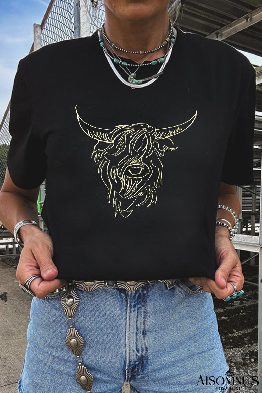 Black Vintage Bull Head Graphic Pattern T Shirt