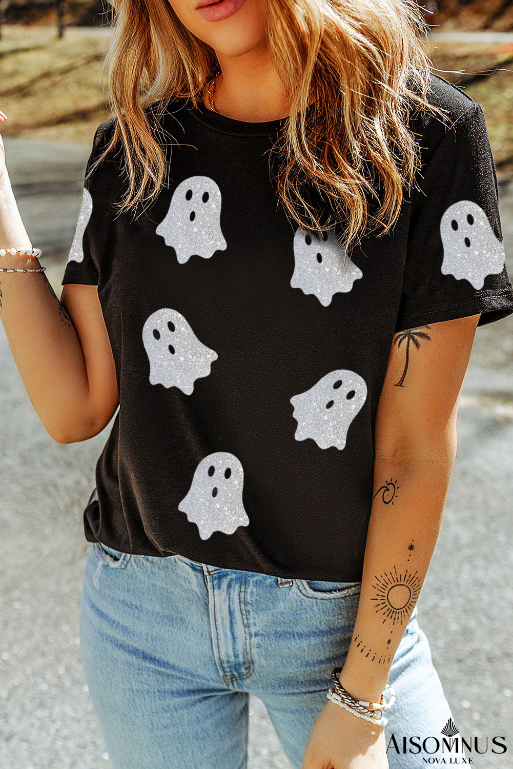 Black Glitter Ghost Pattern Crew Neck Halloween Graphic T Shirt