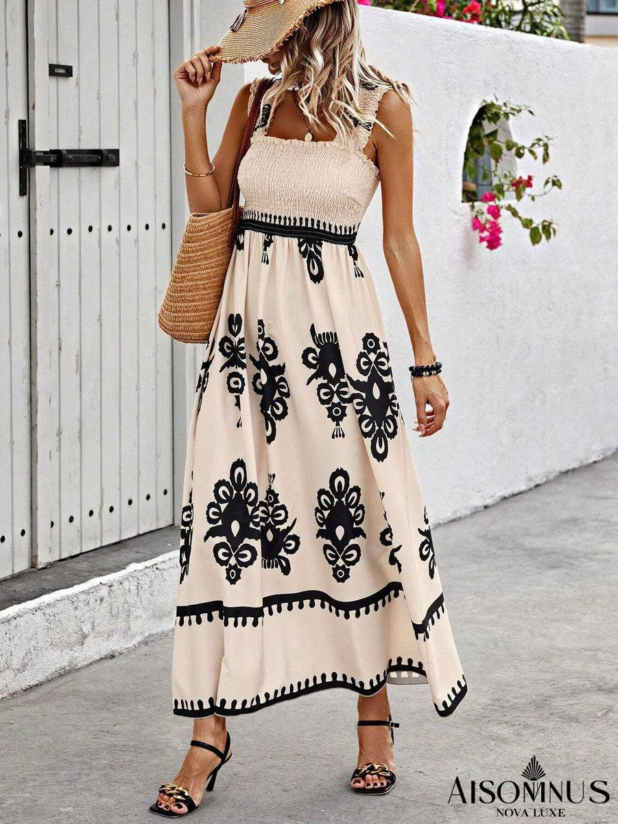 Apricot Boho Print Smocked Ruffle Sleeveless Maxi Dress