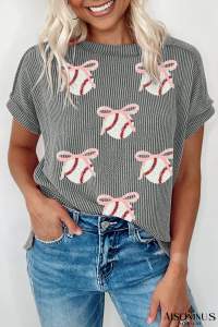 Medium Grey Twist Ribbed Sequined Bow Baseball Game Day T Shirt