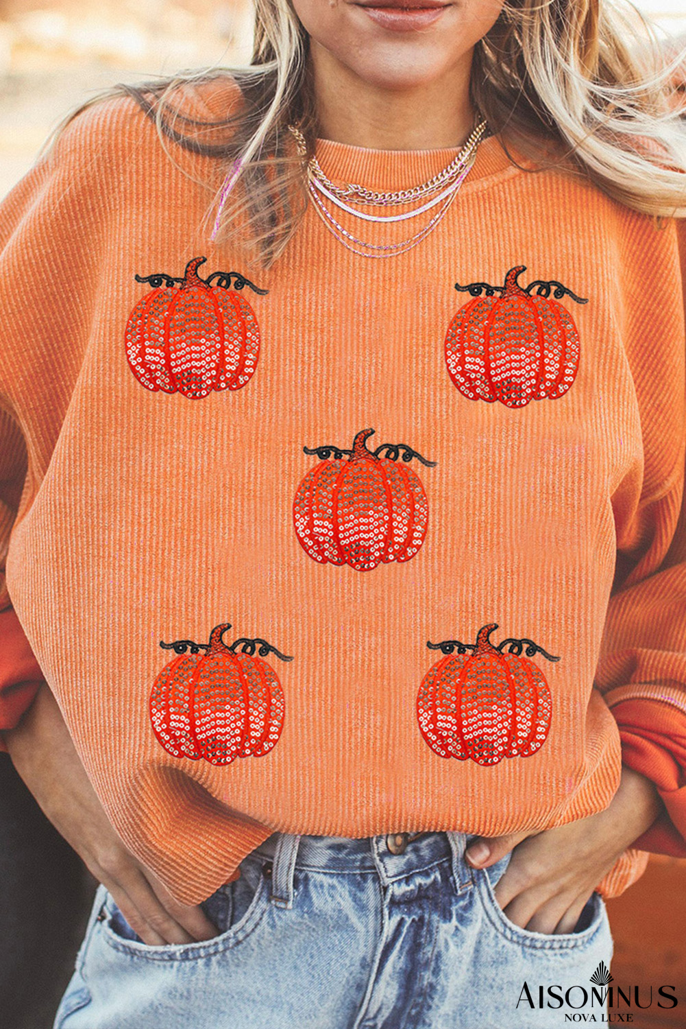 Orange Sequin Pumpkin Patched Twisted Rib Baggy Sweatshirt