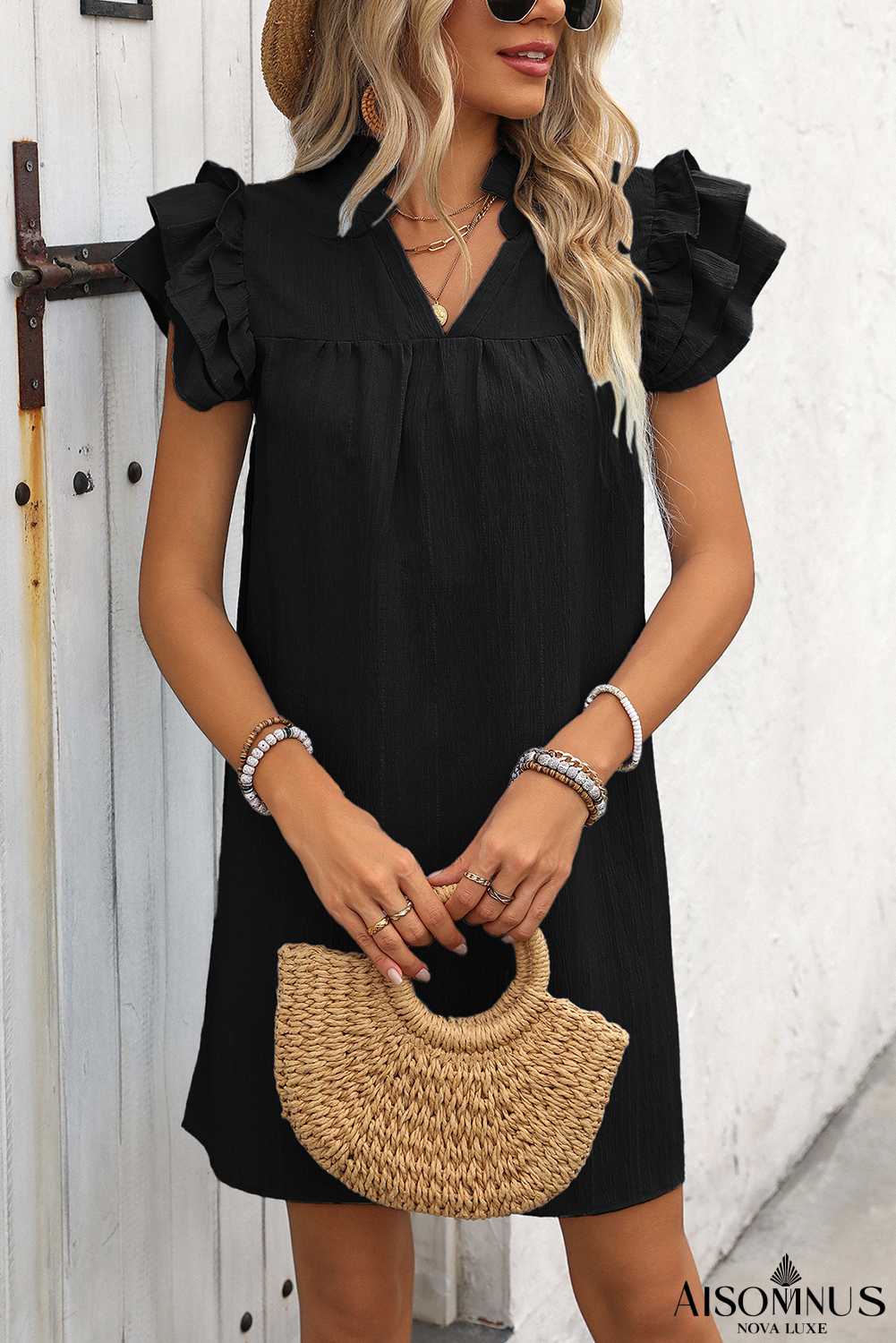 Black V Neck Ruffle Sleeve Shift Mini Dress