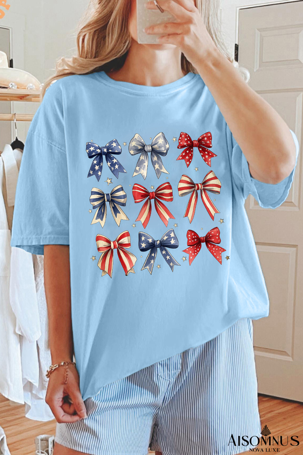 Light Blue USA Flag Bowknot Graphic Tee