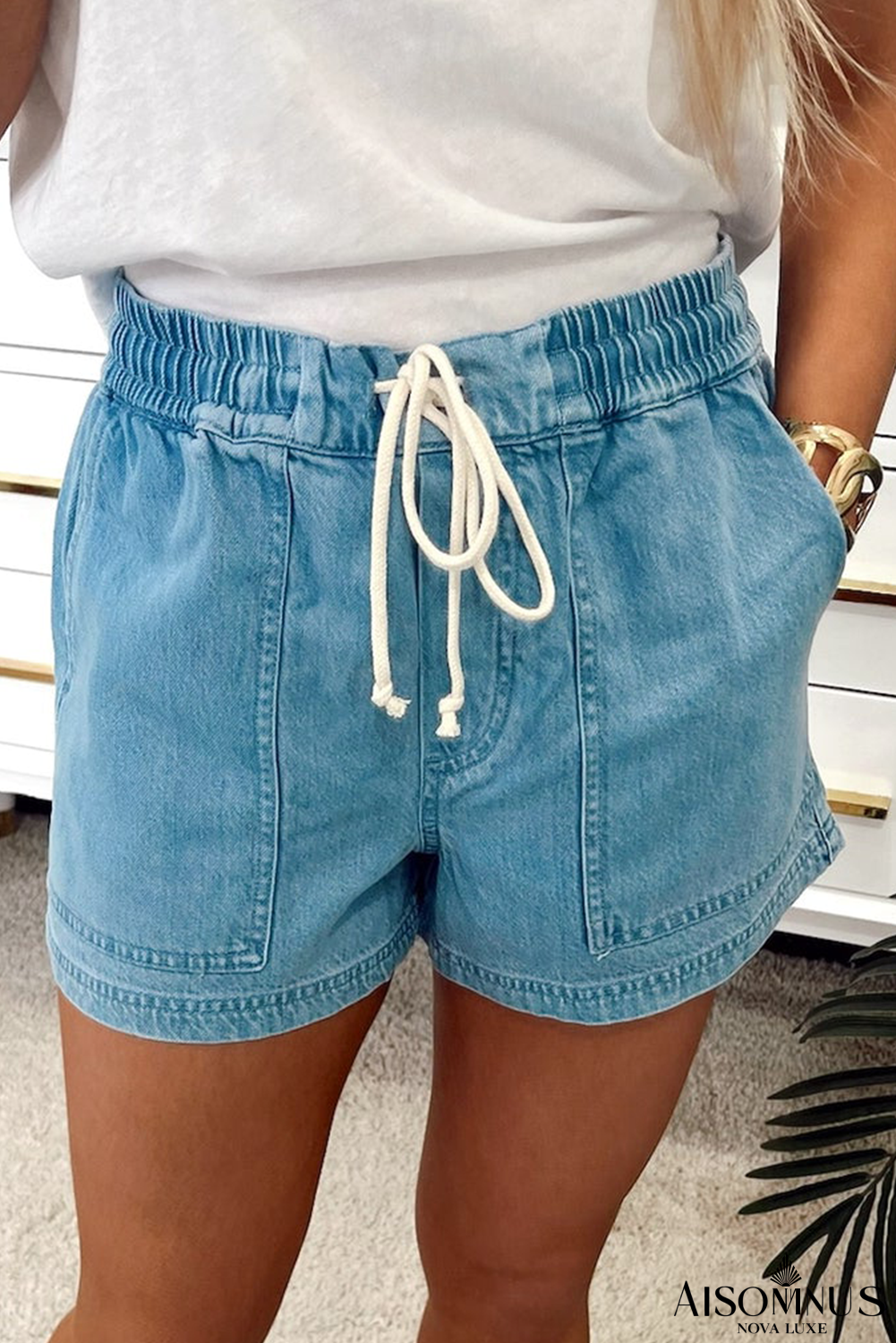 Beau Blue Drawstring Elastic Waist Denim Shorts