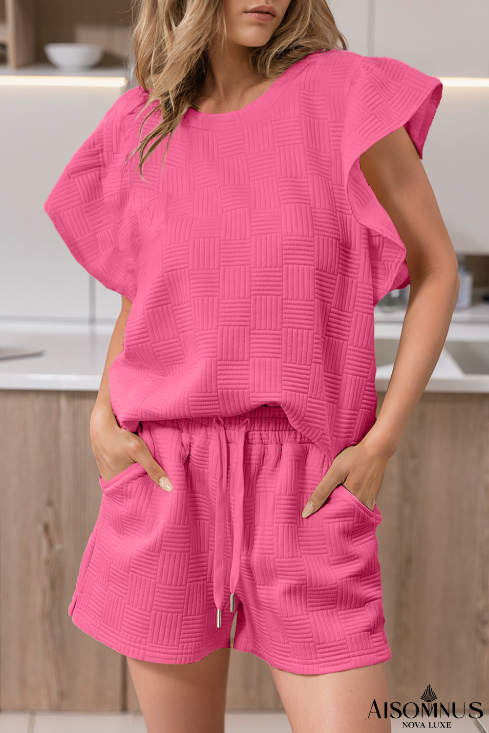 Bonbon Textured Ruffle Sleeve Tee and Drawstring Shorts Set