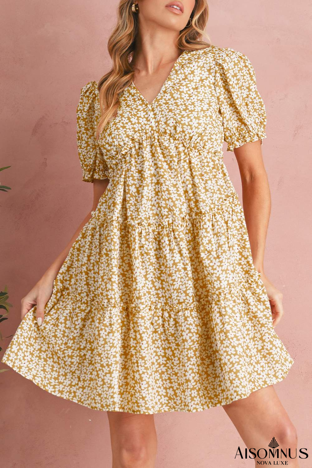 Yellow Floral Short Sleeve V Neck Frill Tiered Mini Dress