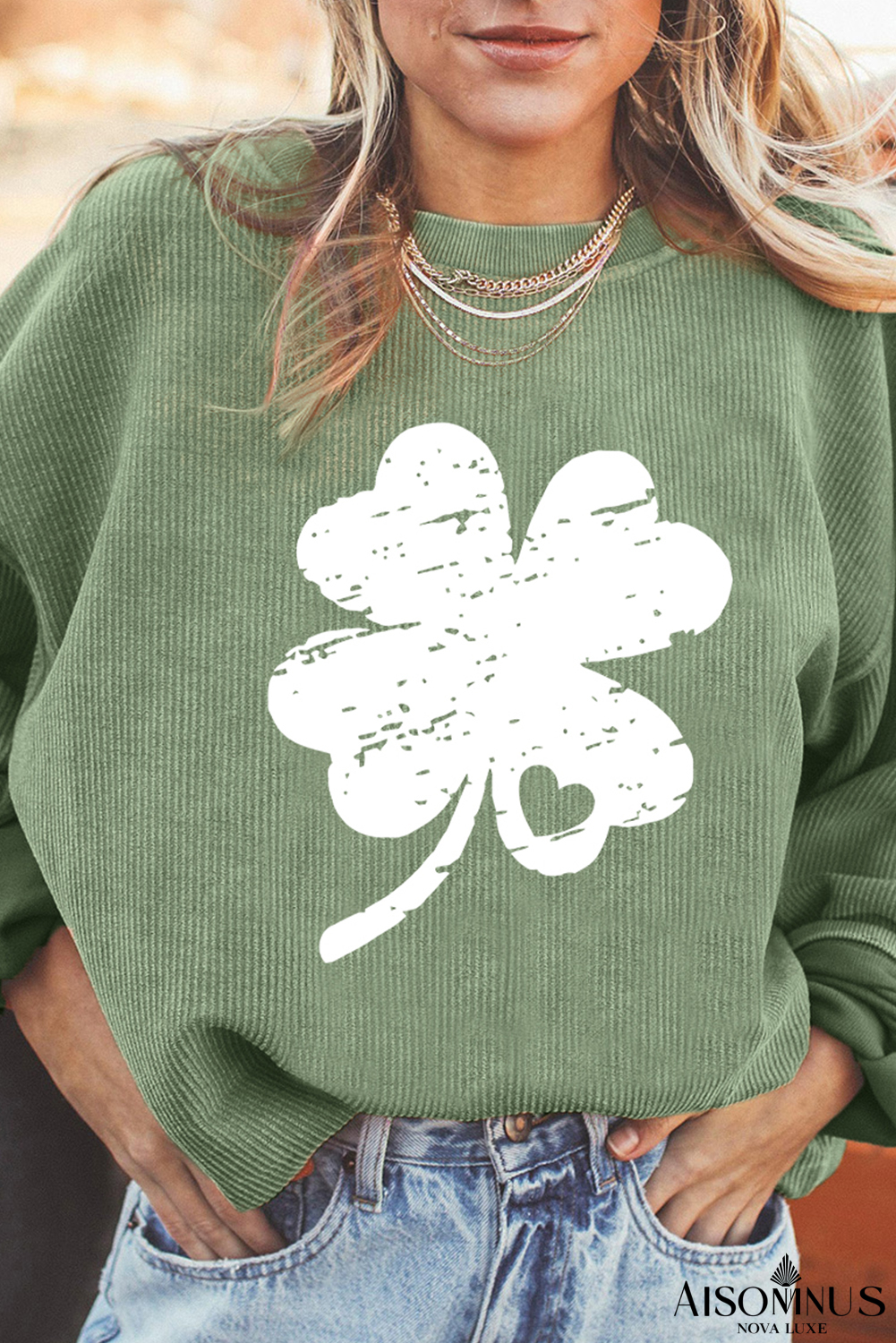 Grass Green St Patricks Corded Distressed Clover Graphic Sweatshirt