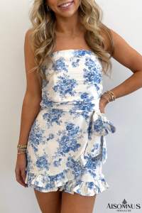 Sky Blue Floral Print Zipped Back Knot Waist Ruffle Hem Romper