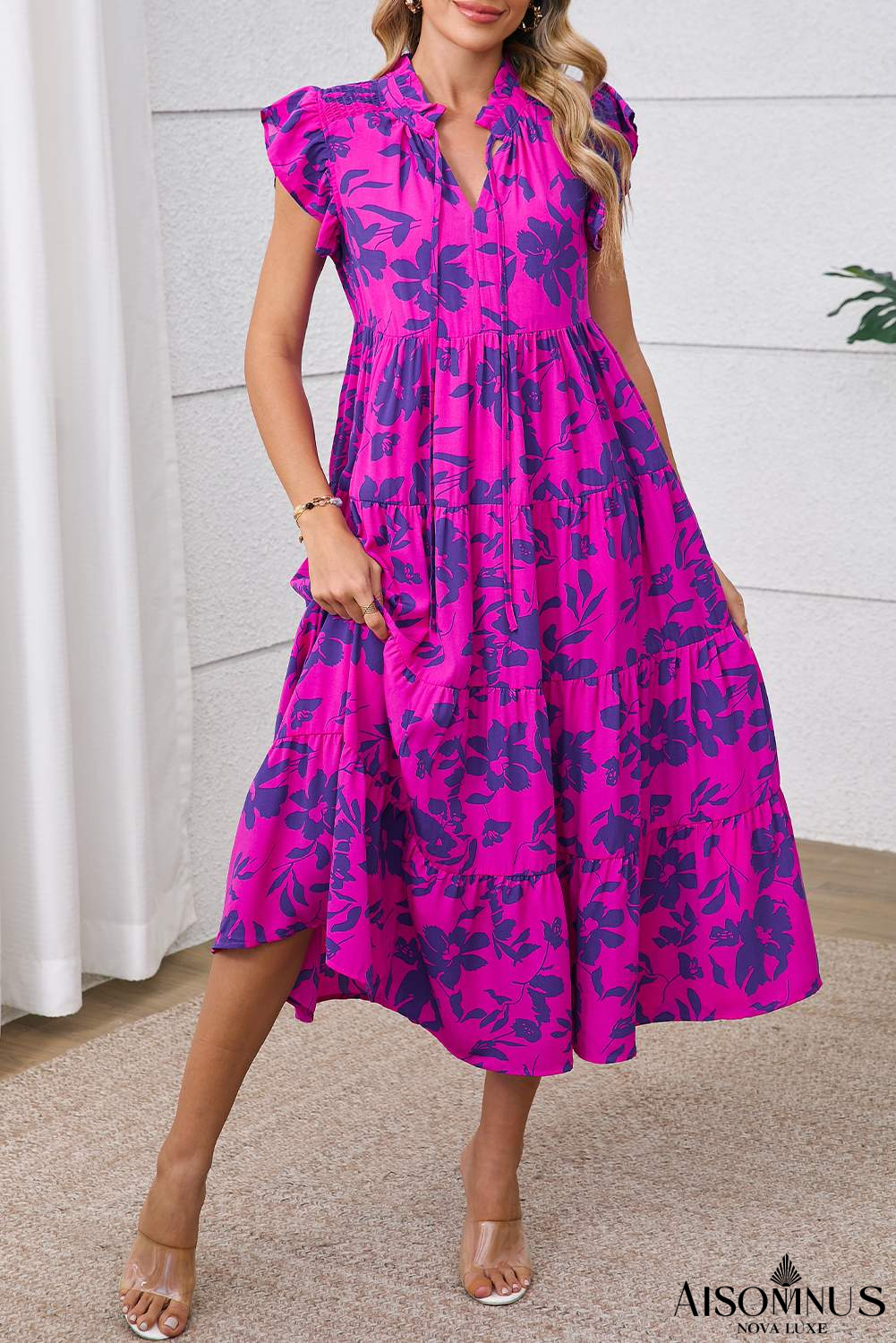 Rose Floral Print Tiered Flutter Sleeve Maxi Dress