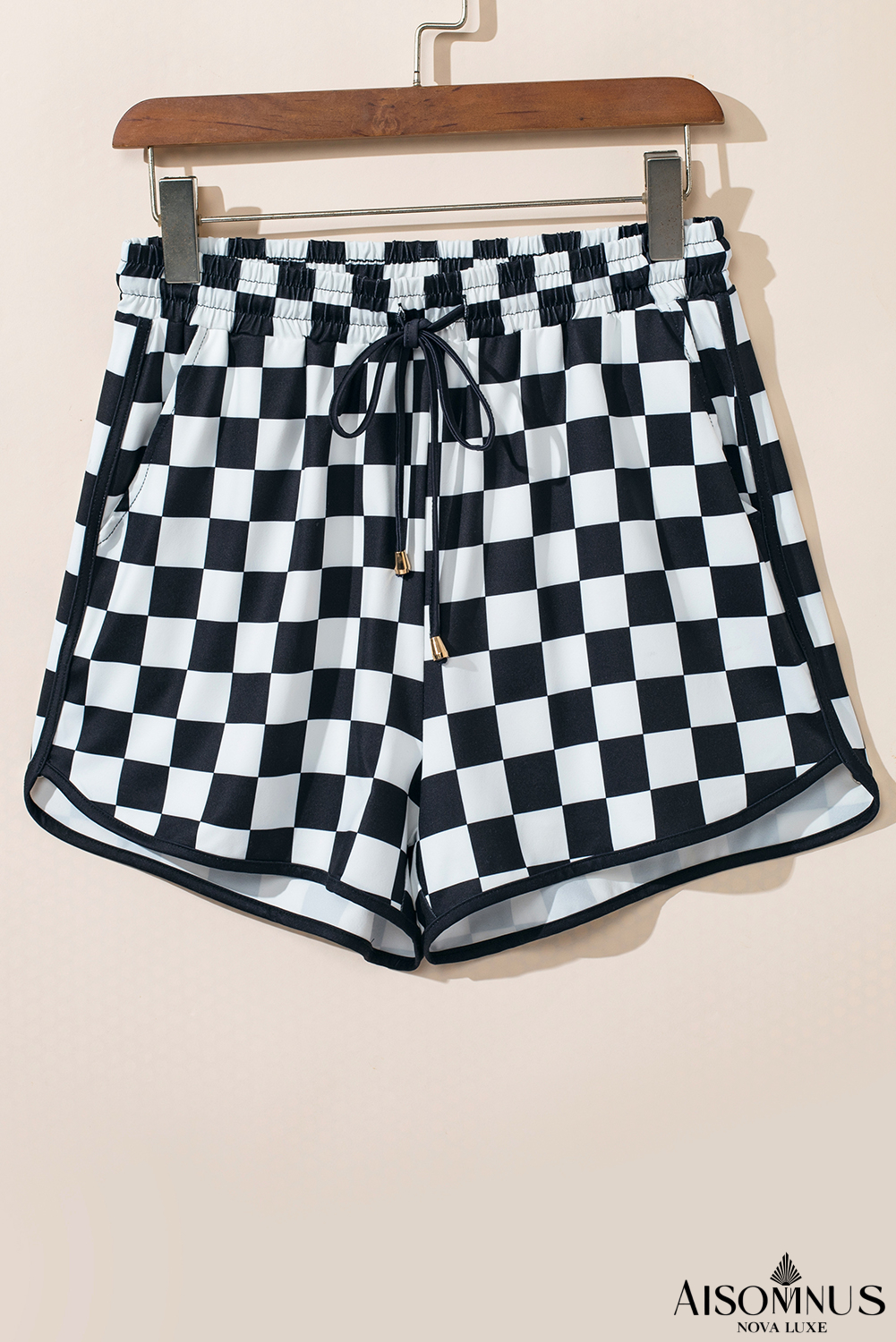 Black Checkered Drawstring Elastic Waist Casual Shorts