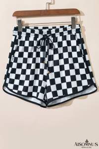 Black Checkered Drawstring Elastic Waist Casual Shorts