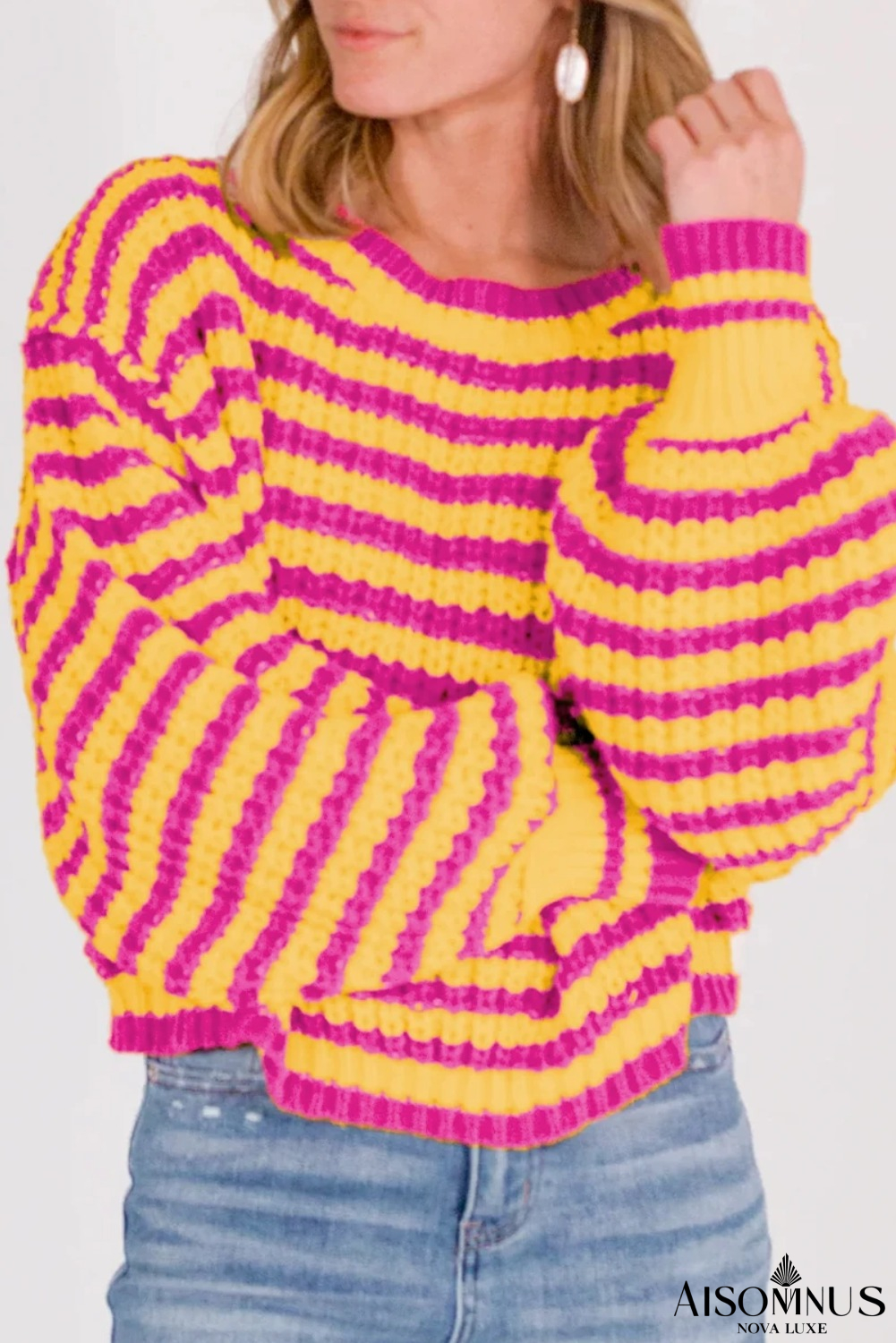 Orange Striped Bubble Sleeve Loose Sweater