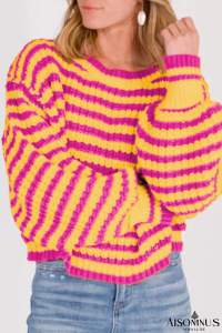 Orange Striped Bubble Sleeve Loose Sweater