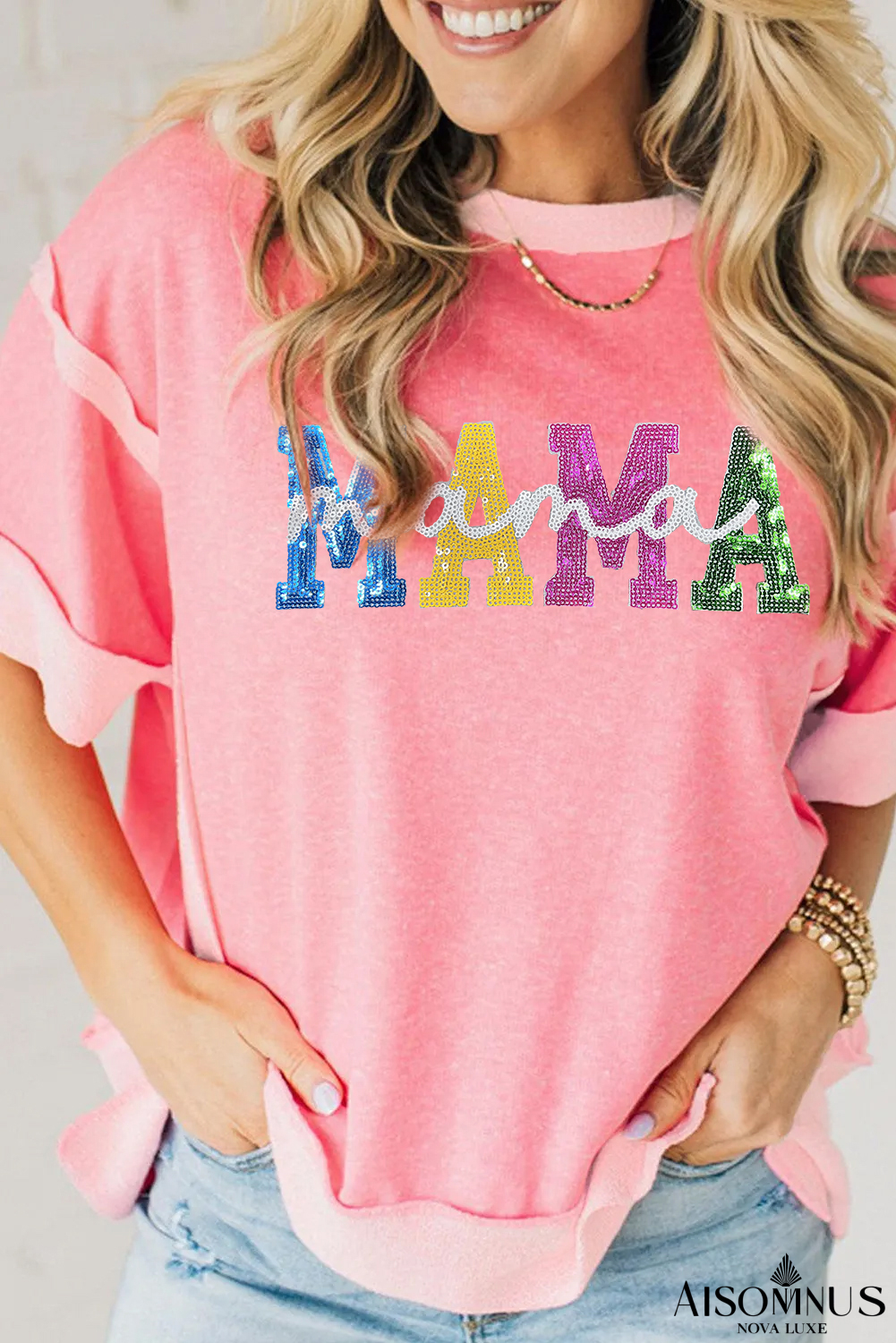 Peach Blossom Sequin MAMA Pattern Contrast Trim Side Slit T Shirt