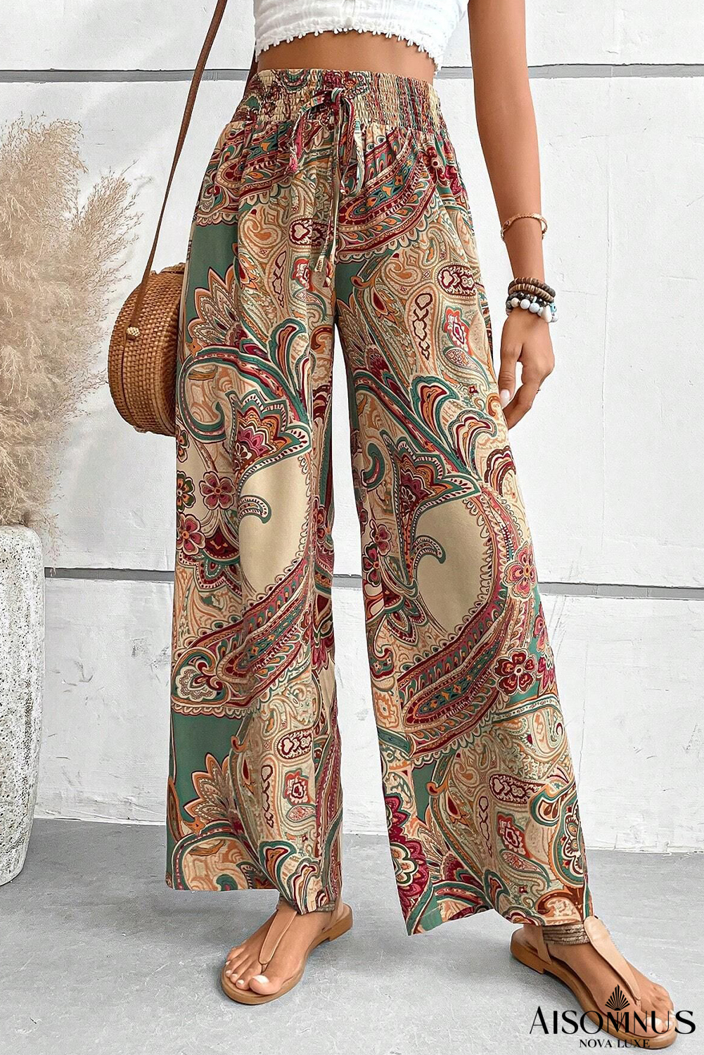 Khaki Paisley Print Boho Elastic Waist Wide Leg Pants