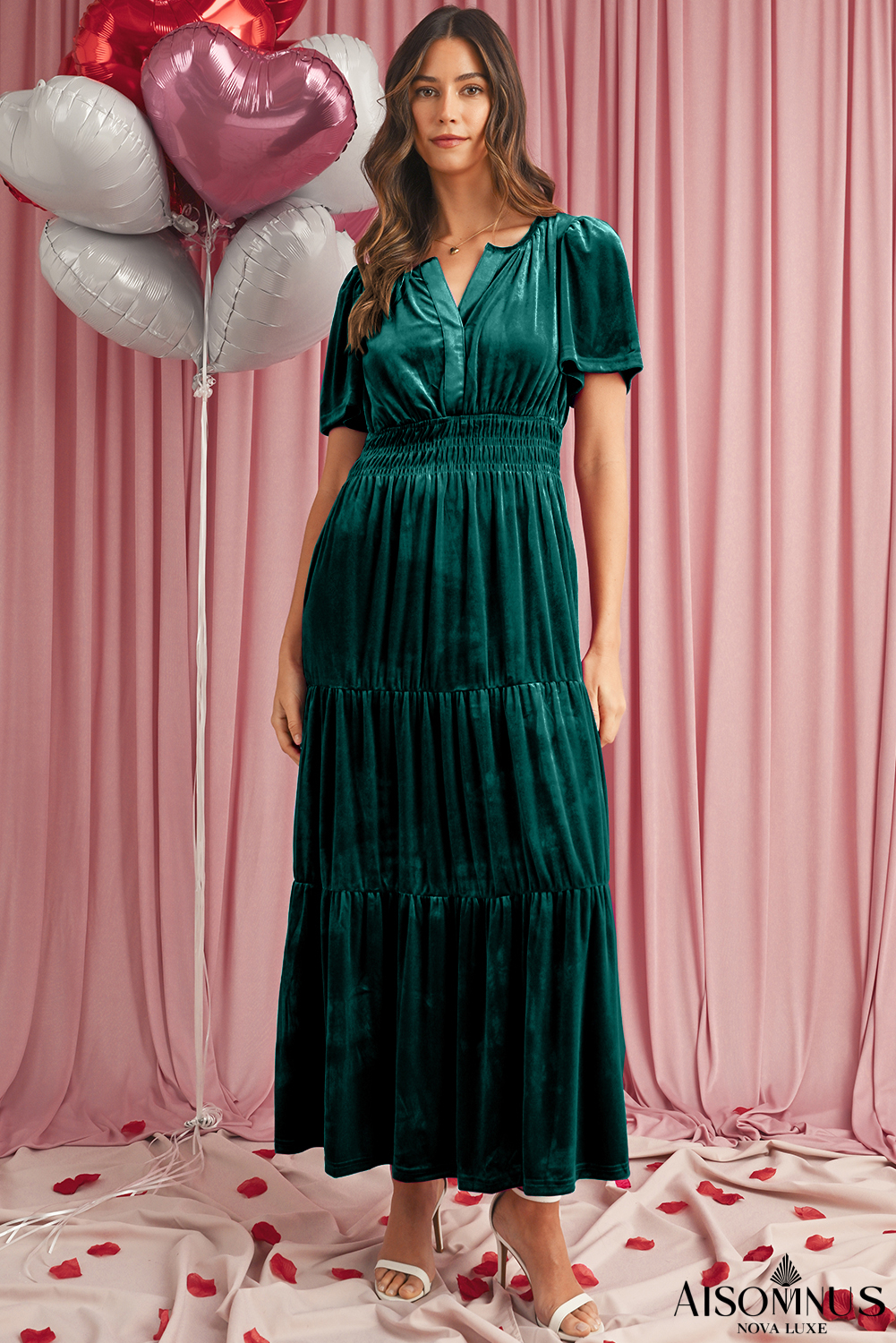 Evergreen Velvet Puff Short Sleeve Smocked Waist Tiered Maxi Dress