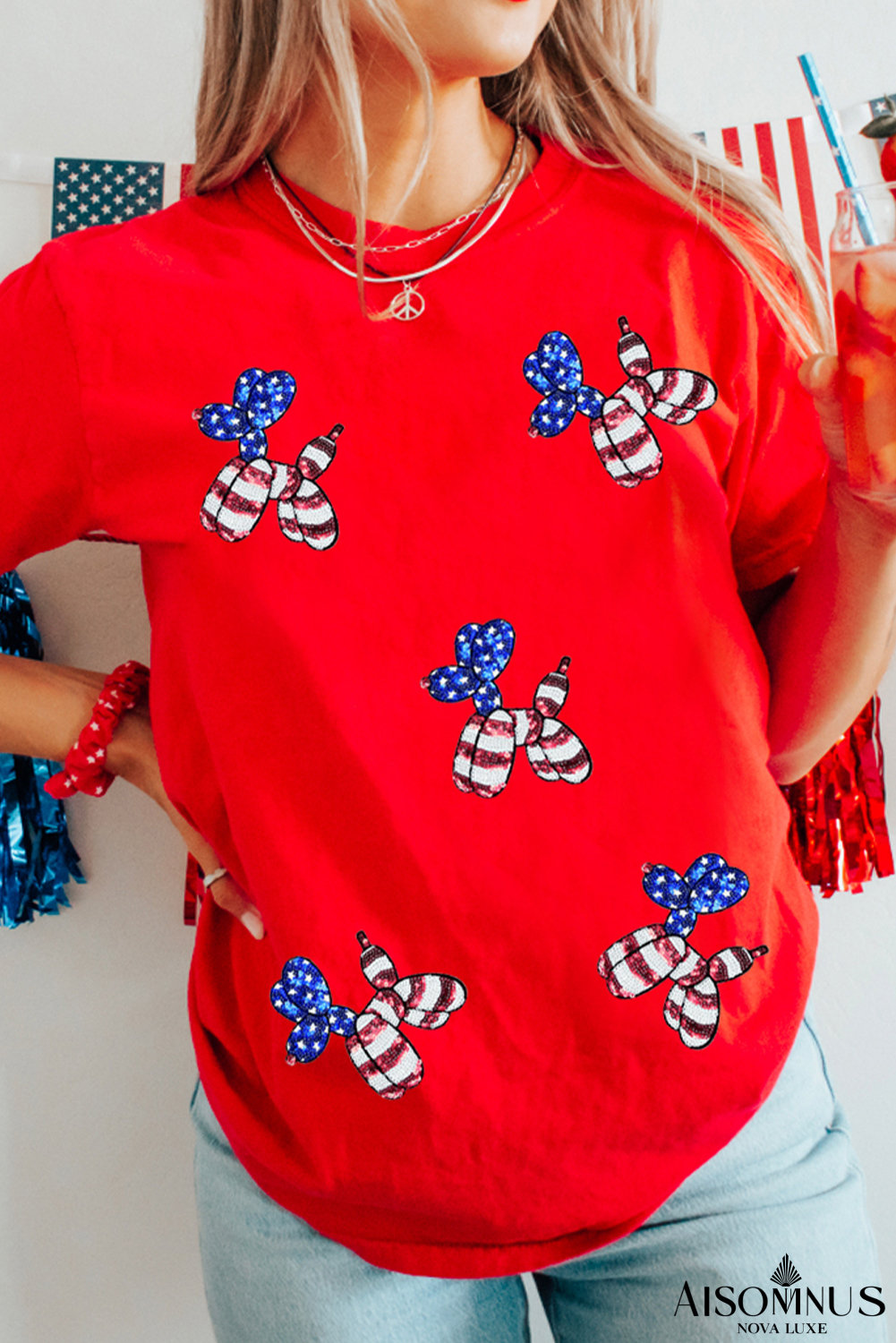 Red Sequin Stars and Stripes Balloon Puppy Graphic Crewneck Tee
