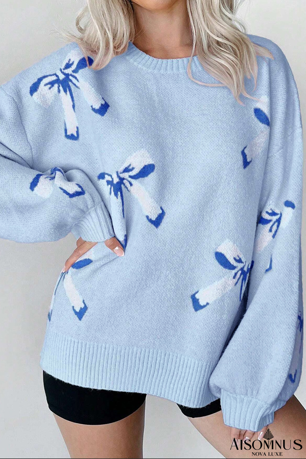 Beau Blue Bow Jacquard Pullover Knitted Sweater