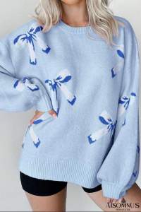 Beau Blue Bow Jacquard Pullover Knitted Sweater