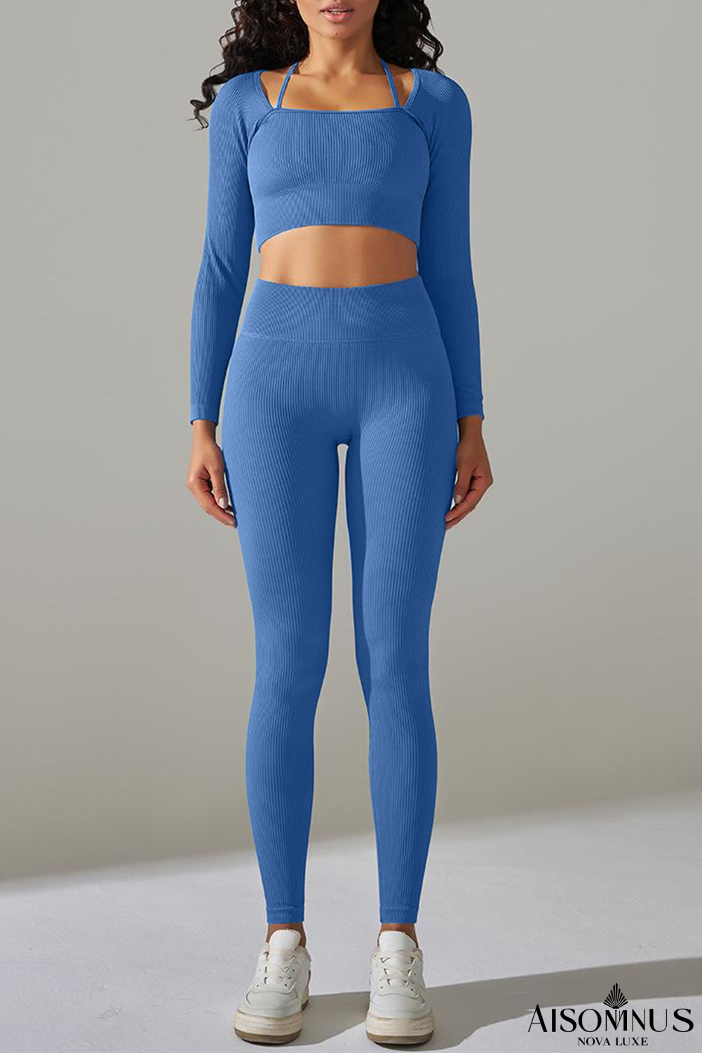 Sky Blue Ribbed Long Sleeve Top and Leggings Workout Set