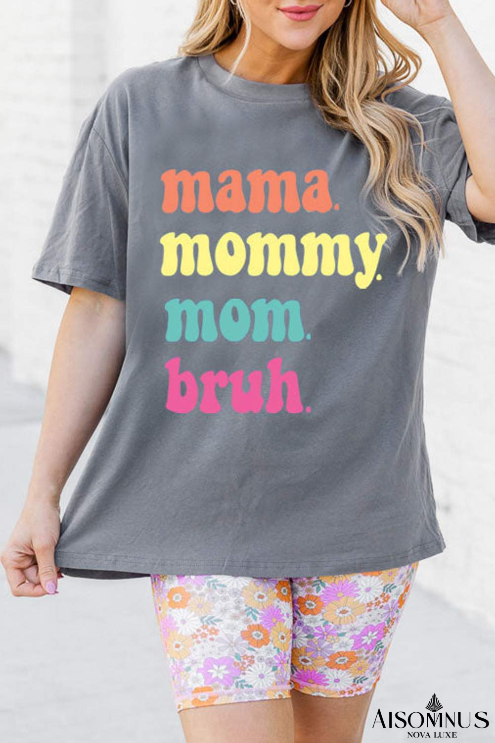 Gray Mama Letter Print Crew Neck Graphic Tee