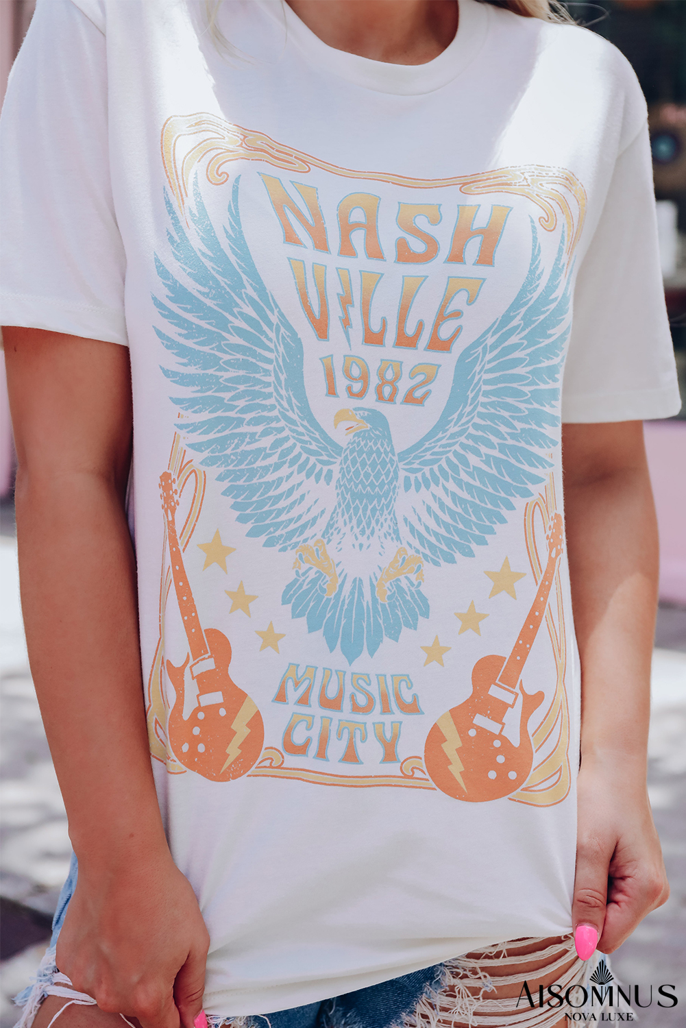 White Nashville 1982 Eagle Print Casual Graphic T Shirt