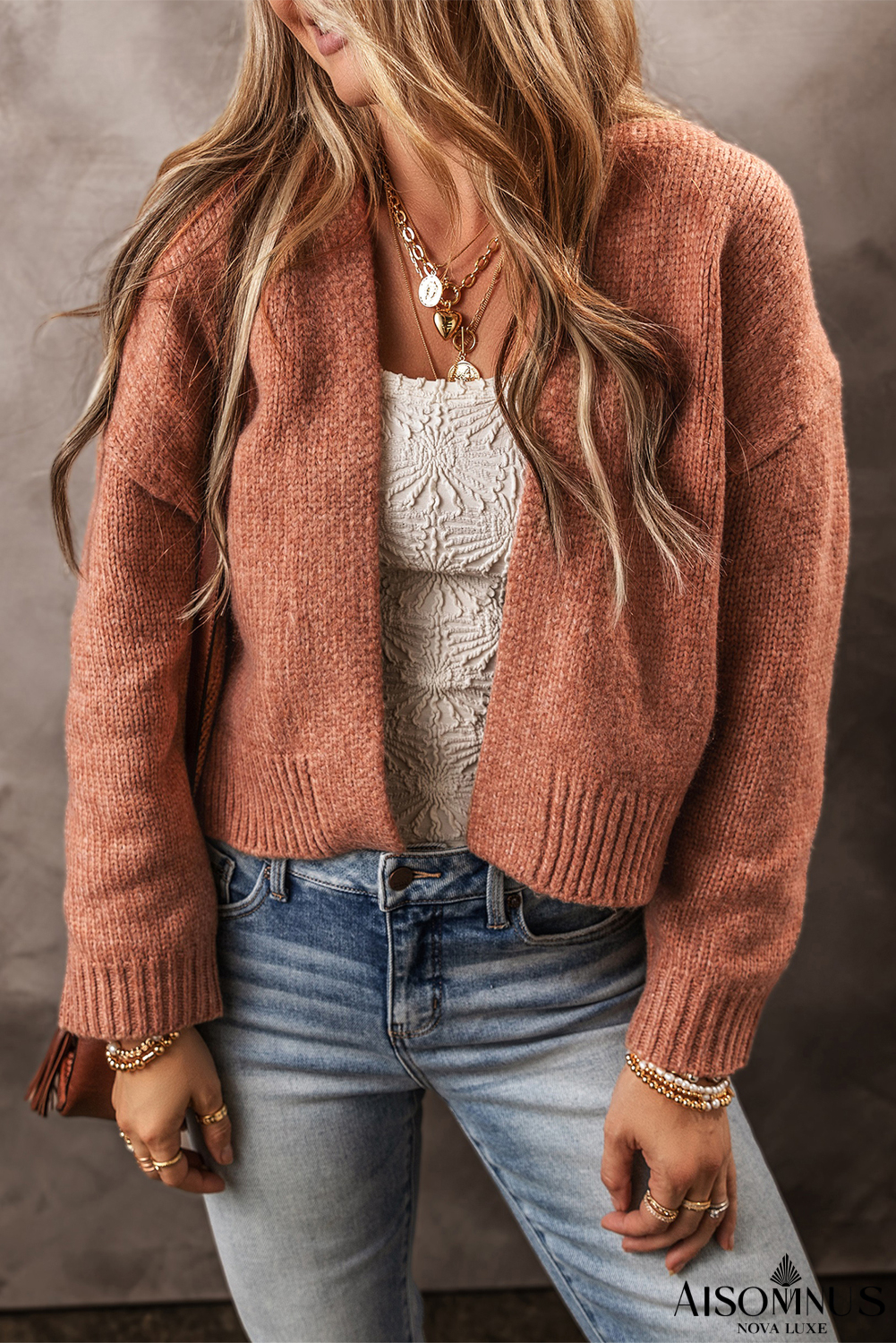 Light French Beige Drop Sleeve Open Front Cropped Cardigan