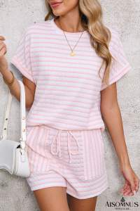 Pink Striped Print Short Sleeve Top and Pocket Shorts Set