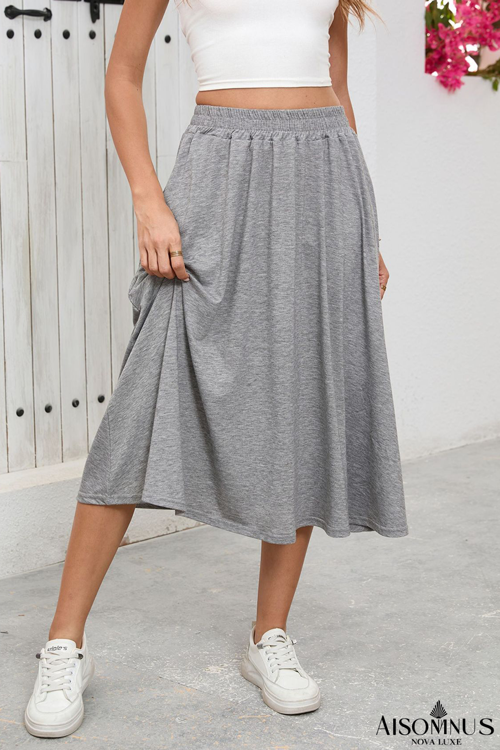 Gray High Waist Large Hem Draped Casual Midi Skirt
