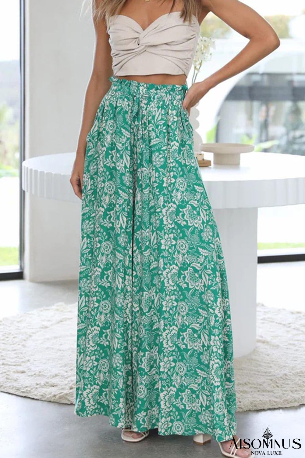 Green Floral Print Tie Waist Wide Leg Pants