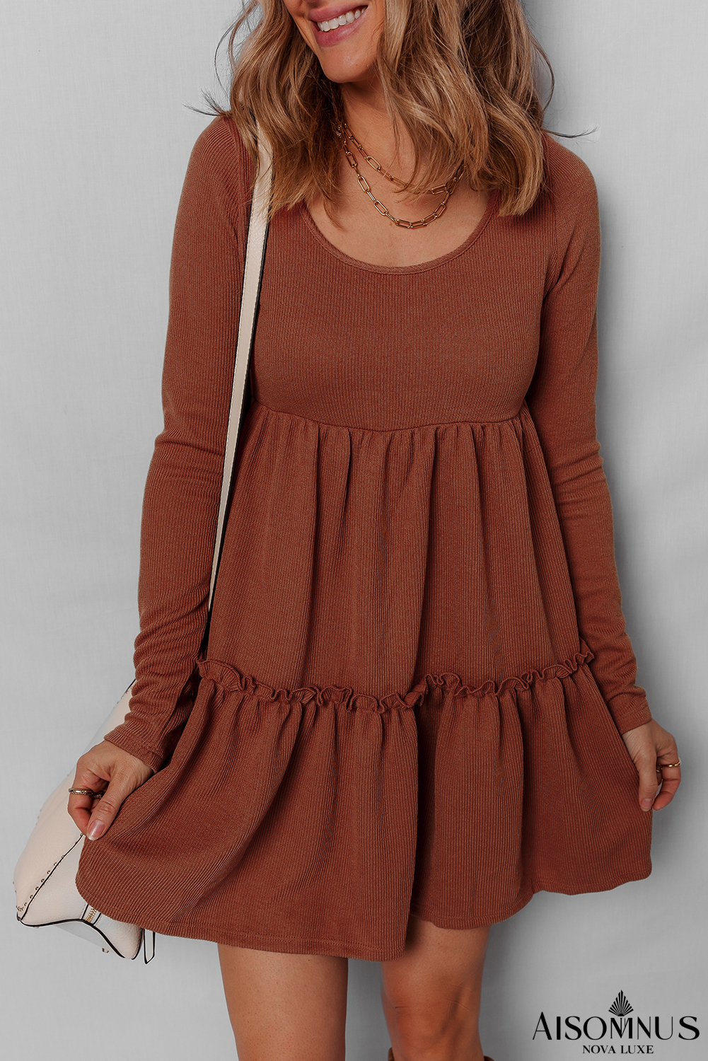 Straw Yellow Ribbed Frilled Trim High Waist Long Sleeve Mini Dress