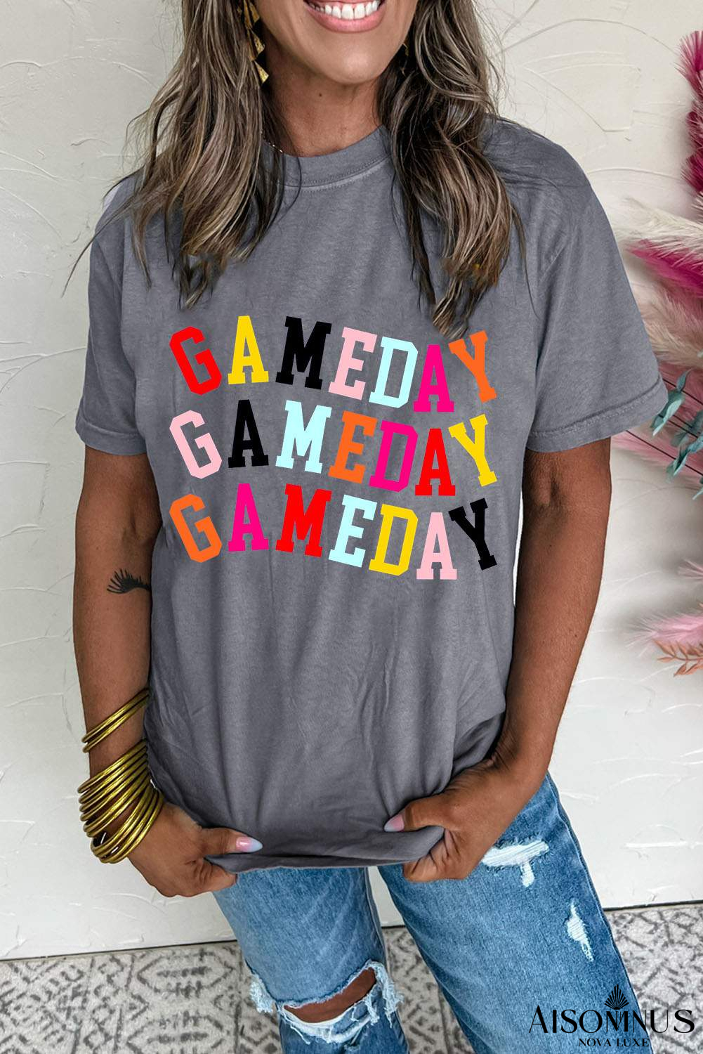 Gray GAMEDAY Letter Crewneck T Shirt