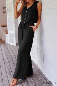 Black Buttoned Vest and Drawstring Wide Leg Pants Set