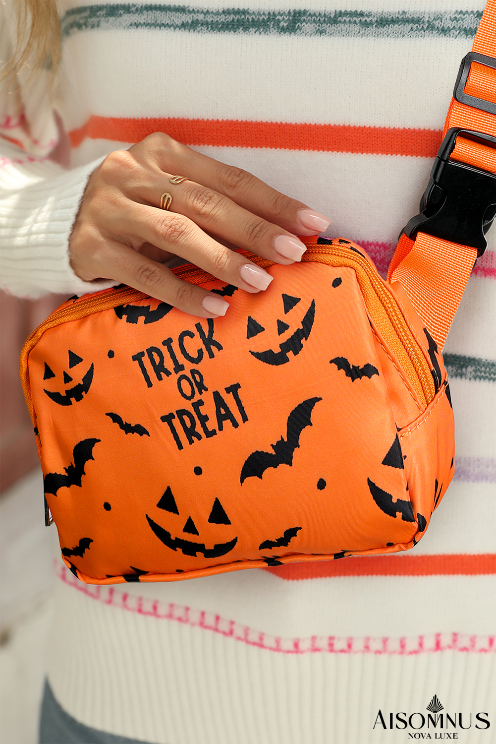 Orange Halloween TRICK OR TREAT Bat Pumpkin Crossbody Bag