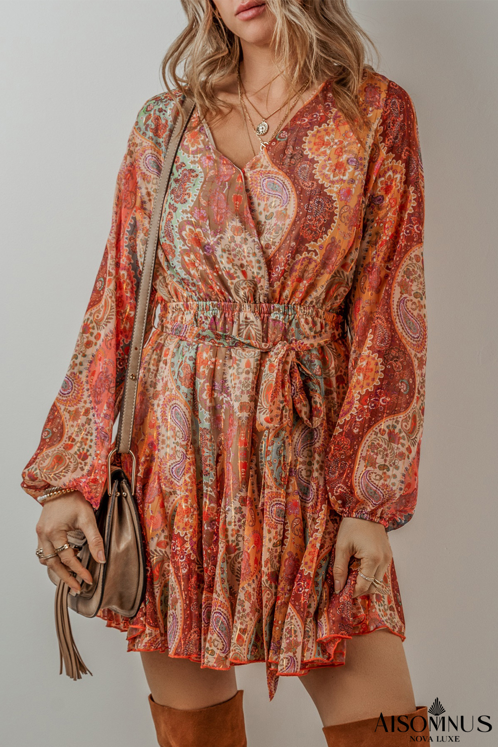 Orange Boho Paisley Print Long Sleeve Pleated Belted Mini Dress