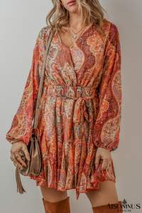 Orange Boho Paisley Print Long Sleeve Pleated Belted Mini Dress