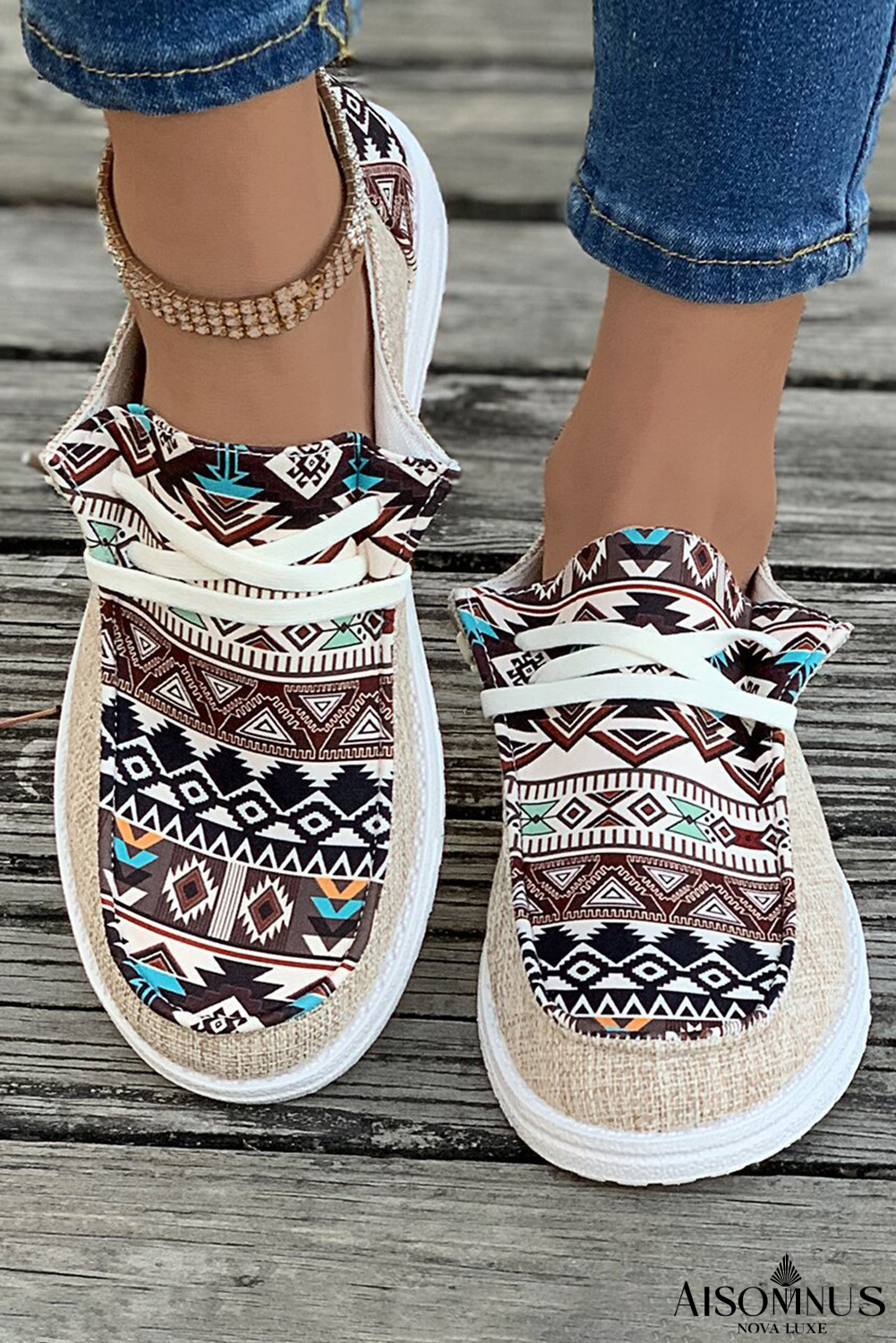 Brown Geometric Print Patchwork Sneakers