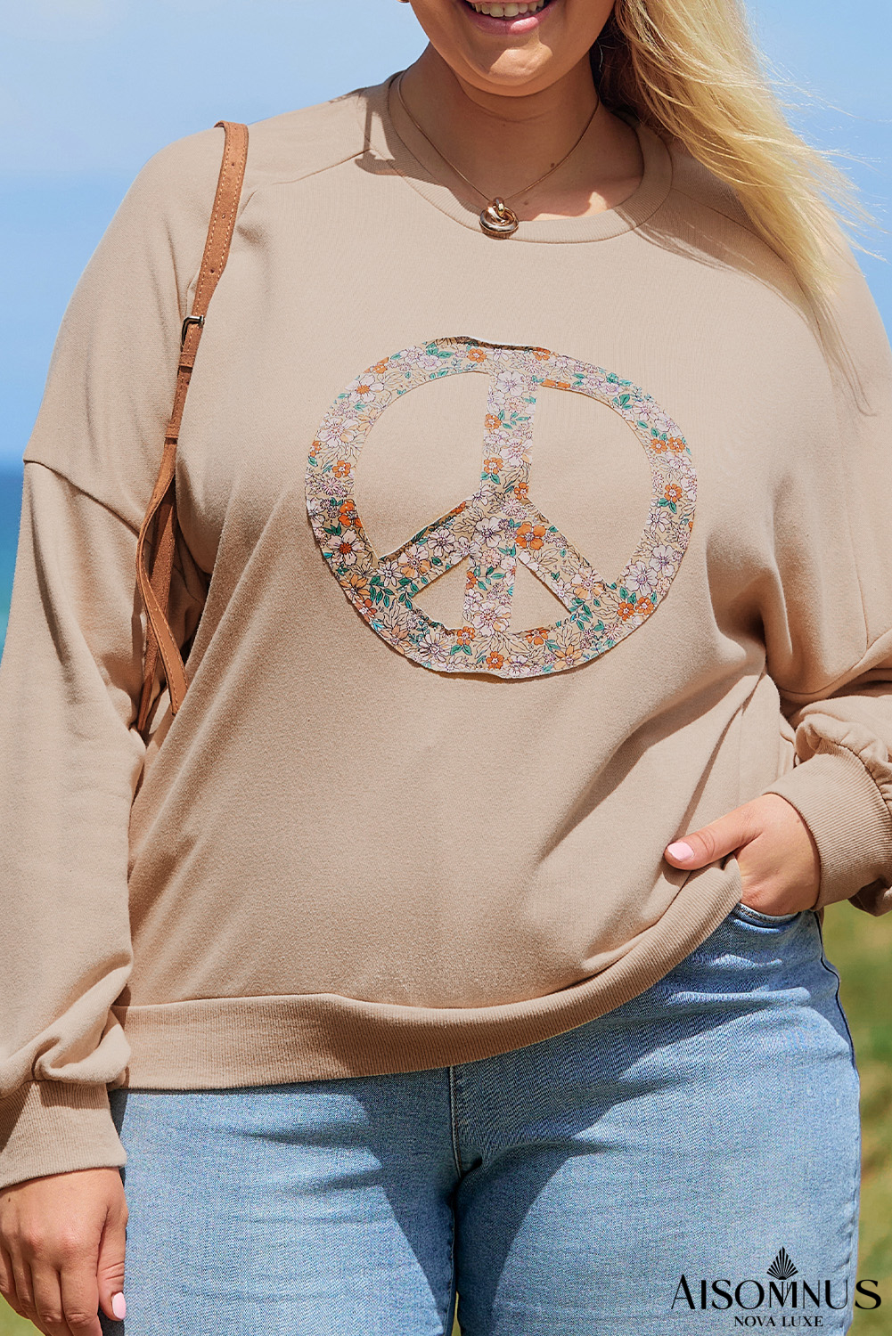Pale Khaki Floral Peace Graphic Washed Plus Size Sweatshirt