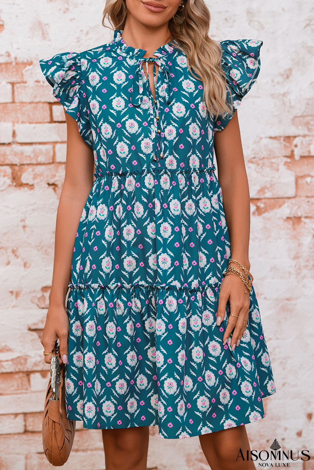 Blue Retro Floral Print Split Neck Ruffle Short Sleeve Dress