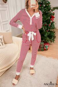 Red Stripe Buttoned V Neck Top and Knotted Waist Pants Pajama Set
